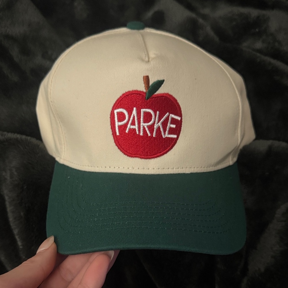 PARKe Embroidered Apple Baseball Cap - Cream & Forest Green